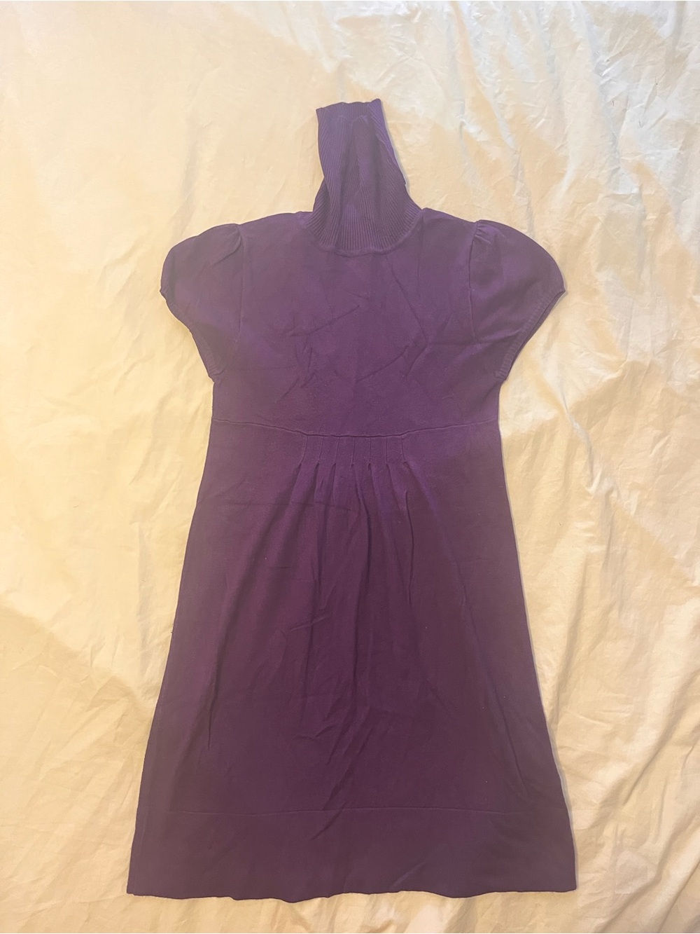 1955 Vintage Purple Turtleneck Midi Dress with Puff Sleeves